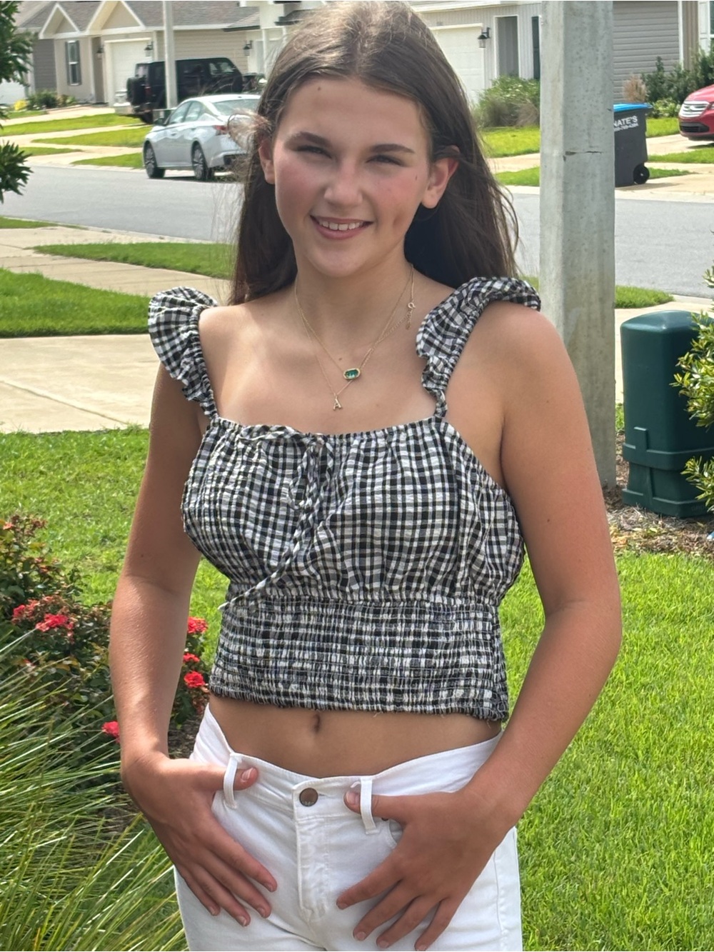 Wayf Black & White Gingham Boho Ruffle Strap Crop Peekaboo Top Med NWOT